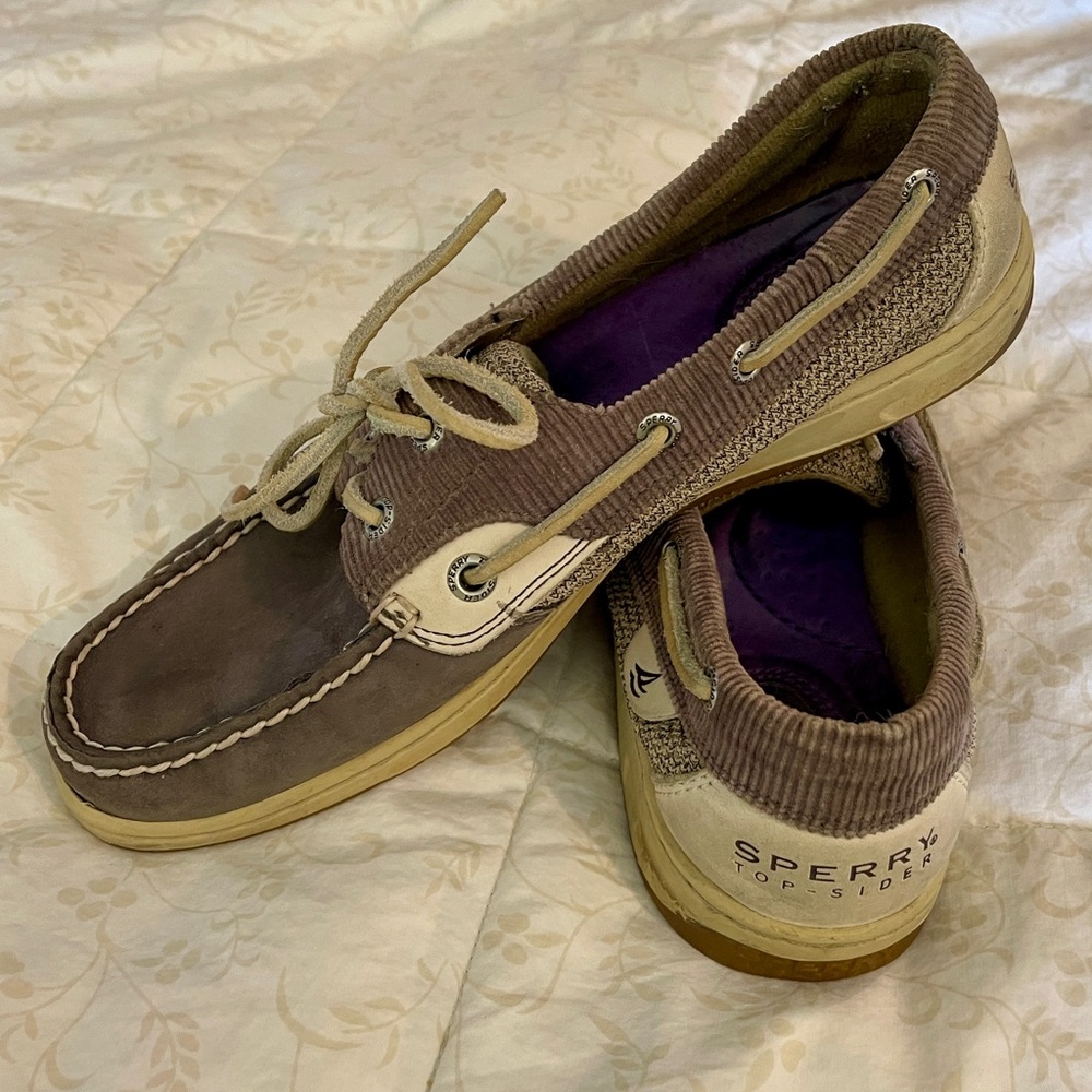 Sperry Taupe and Cream Corduroy Boat Shoes